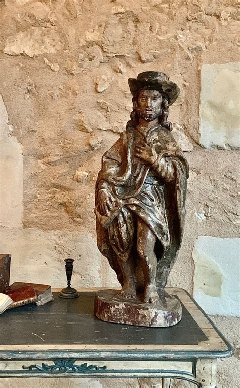 Proantic Statue De Saint Roch Bois Sculpt Avec Polychromie Xvii