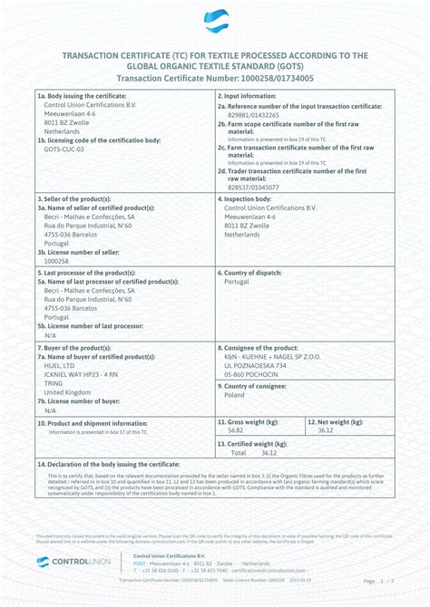 Huel Gots Organic Verified Becri Transaction Certificate I Page