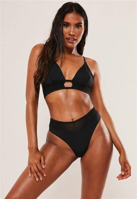 Black Mesh Insert Longline Triangle Bikini Top Triangle Bikini