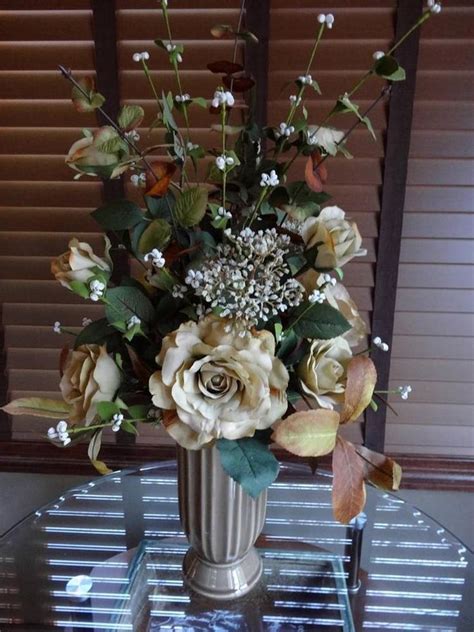 Silk Floral Arrangement Centerpiece Tan Brown Roses Cream Queen Anne