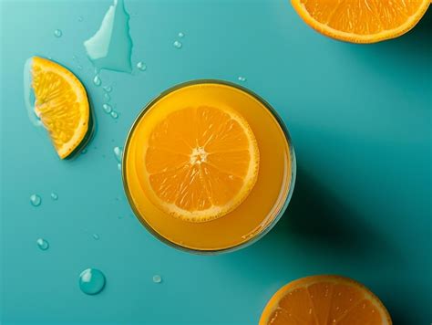 Premium Photo Squeezed Orange Juice With Orange Slice On Blue Background