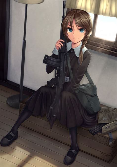 Fondos De Pantalla Ilustración Pistola Pelo Largo Anime Chicas Anime Ojos Azules Arma