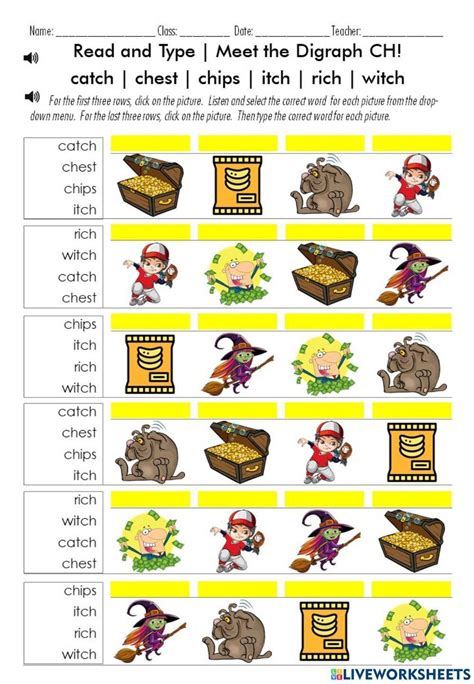 Read And Type Meet The Digraph Ch Words Catch Chest Chips