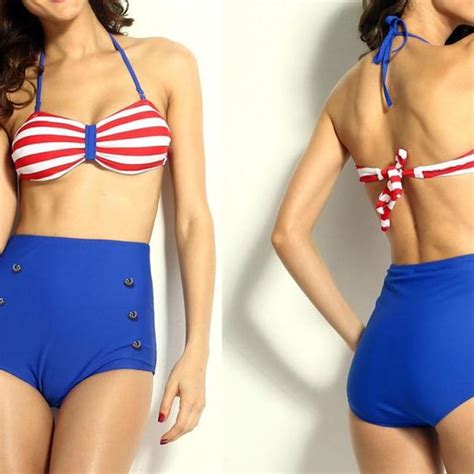 Top Fashion Striped Top Pin Up High Waisted Bikini Swimwear On Luulla