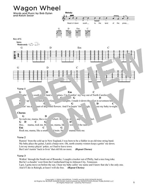 Wagon Wheel Sheet Music Old Crow Medicine Show Solo Guitar