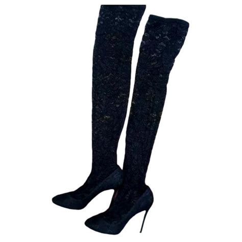 Dolce Gabbana Floral Lace Over The Knee Boots Black Cloth Ref 272687