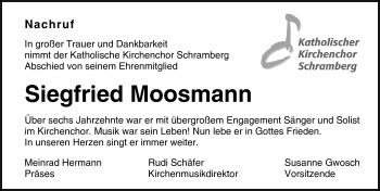 Traueranzeigen von Siegfried Moosmann Schwarzwälder Bote Trauer