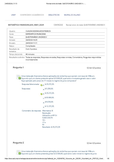 Revisar Envio Do Teste Question Rio Unidade Ii Matem Tica