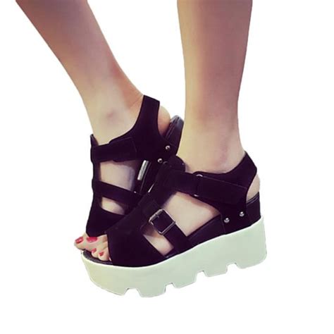 Summer Mae Sandales Plateforme Avec Talons Compens S Pour Femme Noir