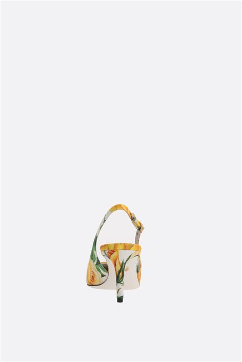 Dolce And Gabbana Yellow Rose Print Gabardine Slingbacks Yellow