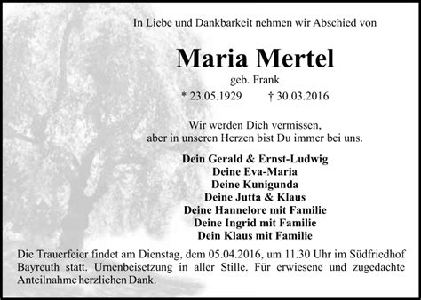 Traueranzeigen Von Maria Mertel Nordbayerischer Kurier