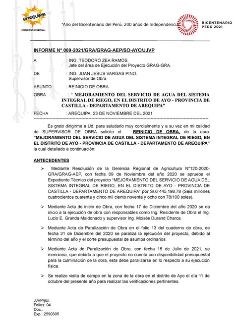 Informe de Reinicio DE OBRAS por administración directa Año del