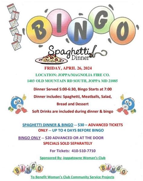 Apr 26 Joppatowne Womans Club Spaghetti Dinner And Bingo Bel Air