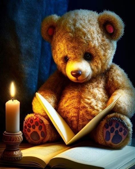 A Teddy Bear Reading A Book Next To A Lit Candle