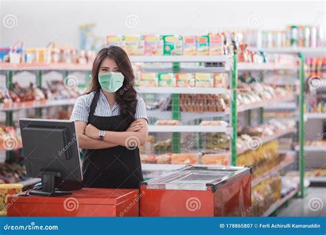 Female Cashier Standing At Cash Counter Stock Image Image Of Happy