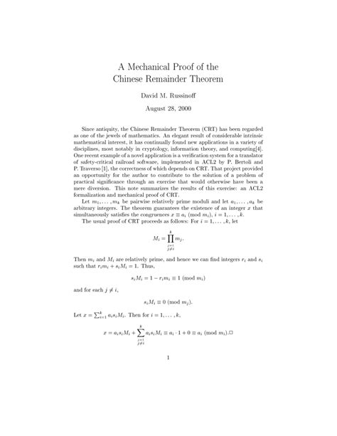 (PDF) A Mechanical Proof of the Chinese Remainder Theorem