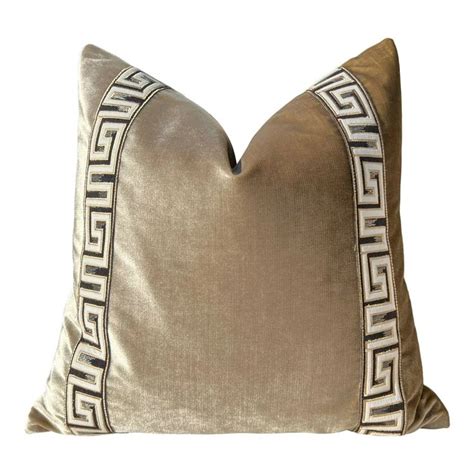 Designer Velvet Pillow In Luminous Beige With Greek Key Trim High End