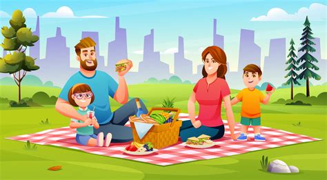 familia feliz haciendo un picnic en el parque papá mamá hijo e hija