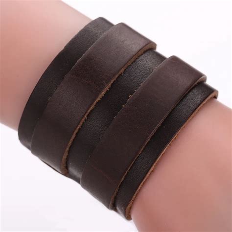 Fashion Men Wide Leather Bracelet Brown Black Wide Cuff Bracelets