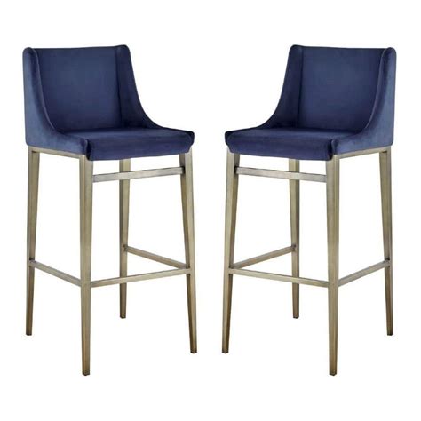 Benjara 30 7 In Blue And Brass Low Back Metal Frame Bar Stool With