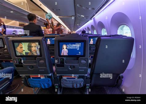 Singapore - July 26, 2018: Economy Seats IFE On Singapore Airlines Boeing 787-10 Aircraft Stock ...