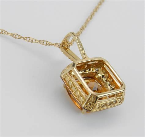 Citrine And Diamond Necklace Cushion Cut Citrine Pendant Yellow Gold