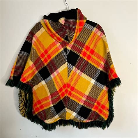 Vintage Reversible Cape Plaid And Black Hooded Cape W Gem