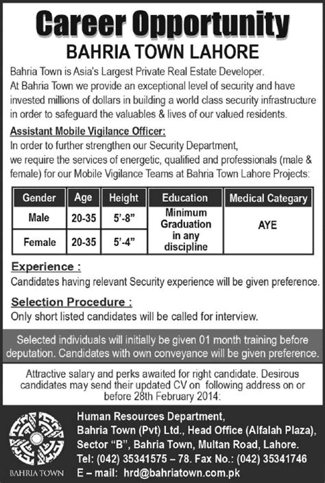 Bahria Town Lahore Jobs February For Assistant Mobile Vigilance