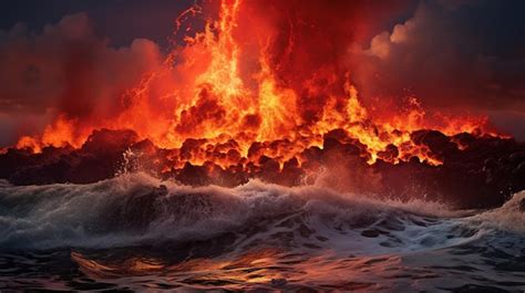 Premium AI Image | The ocean is burning with the ocean and the sky is a ...