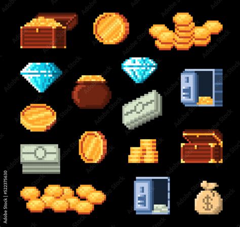 Bit Retro Pixel Golden Coins Treasure Chest Diamond Money Bag Pot