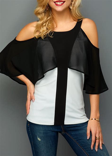 Mesh Panel Strappy Cold Shoulder Blouse Liligal Usd