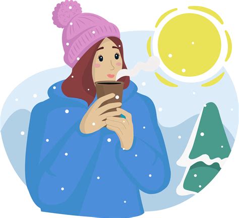 The Girl Drinks Hot Coffee Or Tea The Sun Is Shining And It S Snowing Vector Illustration