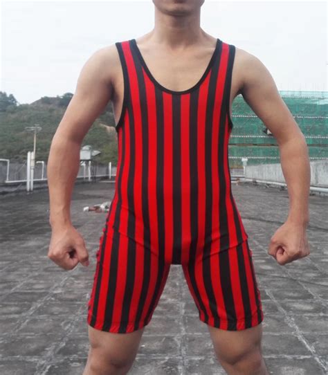 Mens Vertical Stripe Tight Suit One Piece Wrestling Singlet Youth Weight Lifting Workout Outfits