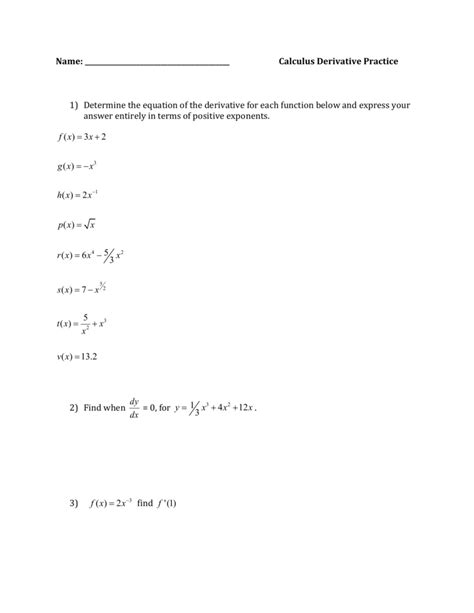 Derivative Practice Questions Worksheet