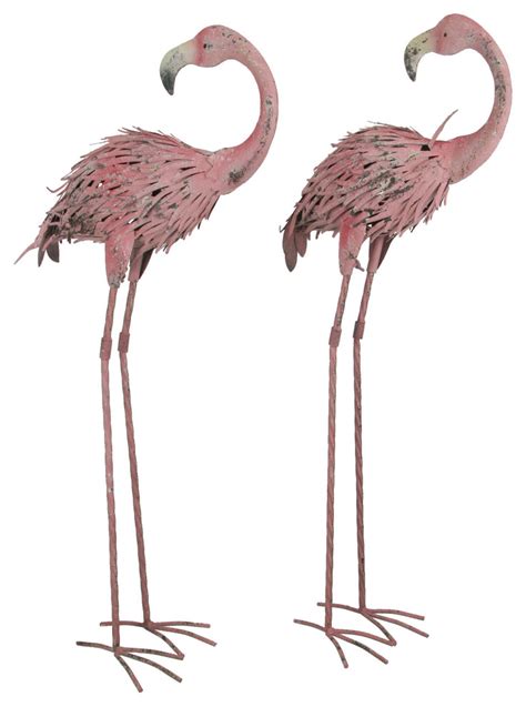 Pair Of 34 Inch Tall Decorative Metal Pink Flamingo Yard Statues One Size Tropical Garden