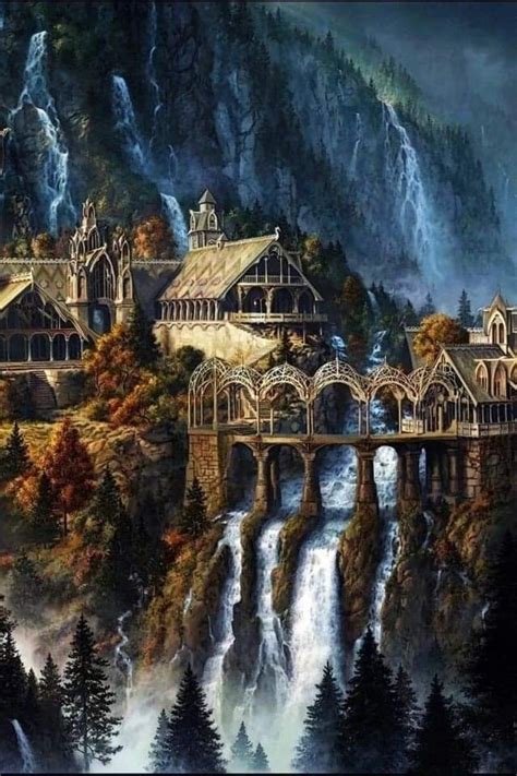 A Painting Of A Mountain Town On Top Of A Waterfall