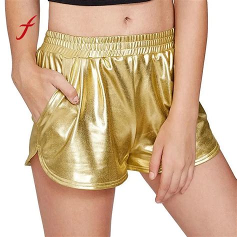 Fashion Women High Waist Shorts Shiny Metallic Leg Gold Silver Fashion Night Club Dancing Wear