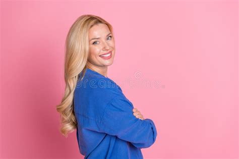 Side Profile Photo Of Satisfied Woman With Wavy Hair Dressed Blue Shirt