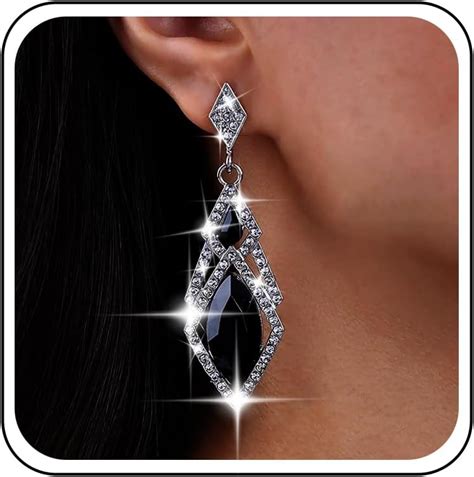 Silver Diamond Earrings Onyx Black Rhinestones Earrings Crystal Dangle