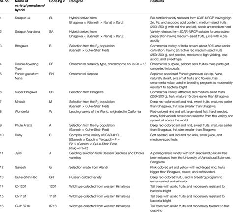 Pomegranate Genotypes With Their Special Features Download Scientific Diagram