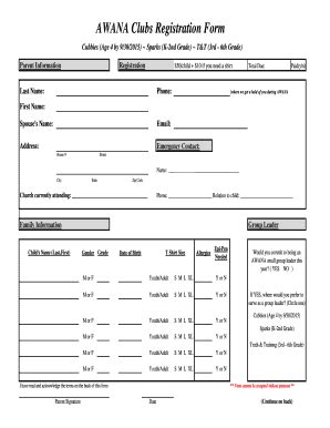 Fillable Online AWANA Clubs Registration Form Purcellville VA Fax