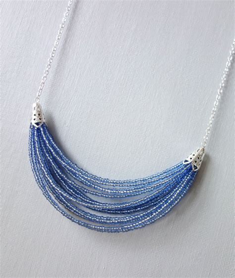 Blue Beaded Bib Necklace Multi Stranded Seed Beads Necklace Layered Blue Bib Necklace For Women