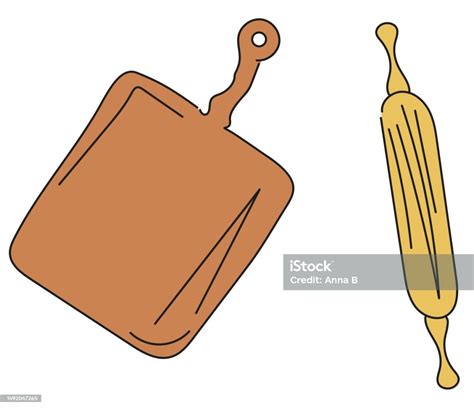 Cutting Board And Rolling Pin Kitchen Wooden Tools Vector Illustration