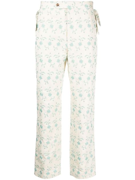 Bode Floral Embroidery Straight Leg Trousers Neutrals Farfetch