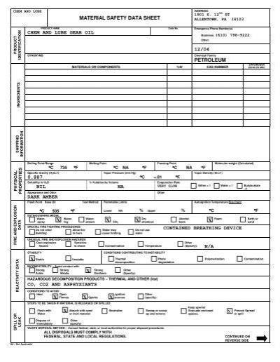 Material Safety Data Sheet Chem And Lube Gear Oil 12 04 Petroleum