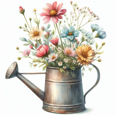 Watercolor Of A Watering Can With Spring Flowers Watercolor Painting