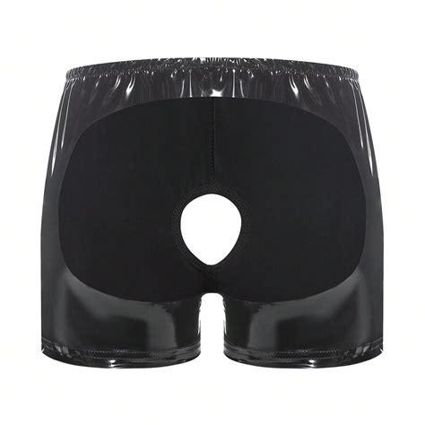 Syhzlz Men Sexy Below Open Crotch Leather Boxer Shiny PU Leather Lingerie Hip Exposed Male Short