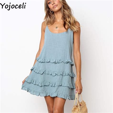 Yojoceli Ruffle Sexy Loose Casual Short Dress Women Summer Strap