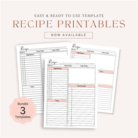 Printable Recipe Template Blank Cooking Journal Meal Planner Etsy