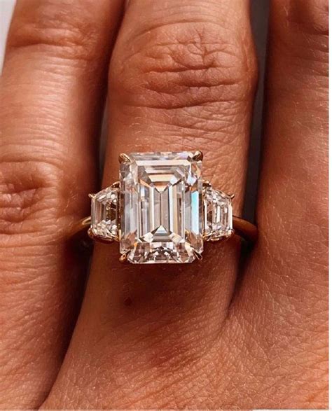 Three Stone Emerald Cut Moissanite Engagement Ring Emerald Cut